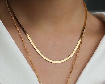 18K Gold Snake Chain Necklace, stainless steel Herringbone Chain, Water and Tarnish Resistant Chain, Gift for her, Statement Necklace