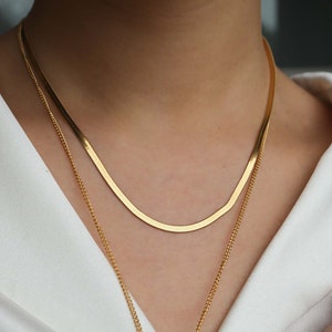 May include: Two gold necklaces, one with a thin chain and a rectangular pendant with the letter "H" on it, and the other with a thicker, flat chain. The necklaces are layered on a person's neck.
