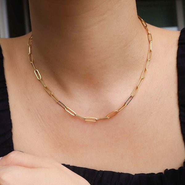 Gold Link Necklace, Paperclip necklace, Water and Tarnish Resistant Chain, Gift for her, Unisex Statement Necklace, valentine's gift