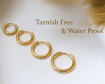 Gold Hoop Earrings, Waterproof anti-tarnish Gold Plated STAINLESS STEEL hoops, 10 mm, 12 mm, 15mm Tarnish Resistant, Unisex Hoop