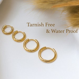 WaterProof-Gold Plated stainless steel hoops, Waterproof anti-tarnish hoops, 10 mm, 12 mm, 15mm Tarnish Resistant, Unisex Hoop