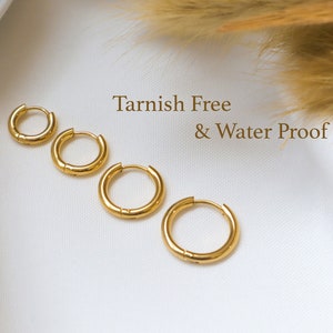 Gold Hoop Earrings, Waterproof anti-tarnish Gold Plated STAINLESS STEEL hoops, 10 mm, 12 mm, 15mm Tarnish Resistant, Unisex Hoop