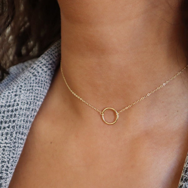 Open Circle choker Necklace, 18K GOLD, 925 SILVER, Simple Dainty Gold Circle Necklace, Delicate Circle Outline, Gift for her