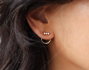 WaterProof-Dainty Front Back Circle  Earrings, Ear Jacket, Dainty Studs, 18k gold sterling silver CZ Diamond Studs, Dainty CZ Studs Earrings