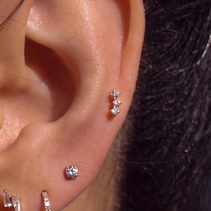May include: A gold-toned ear piercing featuring a vertical cluster of three small, clear, round-cut stones. Below this, a single round-cut stone stud is visible, along with two small, clear, baguette-cut stones and a thin, circular hoop earring.