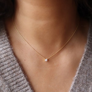 Dainty Gold CZ sterling silver Necklace, Floating Solitaire Necklace, Minimalist Jewelry, Bridesmaid Necklace, Gift for Mom, gift for her