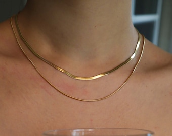 WaterProof-Gold Necklace Set, Gold Plated Stainless Steel Reptile Herringbone Snake Chain Necklace Set, Water and tarnish resistant necklace