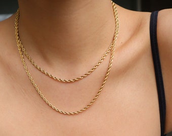 18K Gold Twisted Rope Chain Necklace, Water and Tarnish Resistant Chain, Gift for her, Unisex Bold Statement Necklace