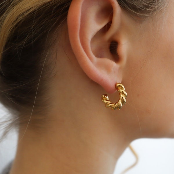 Chunky Gold Rope Hoop Earrings, Gold Hoop stud earring, Waterproof anti-tarnish Gold Plated STAINLESS STEEL hoops