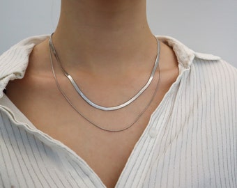 Silver Necklace Set, Stainless Steel Reptile Herringbone Snake Chain Necklace Set, Water and tarnish resistant necklace