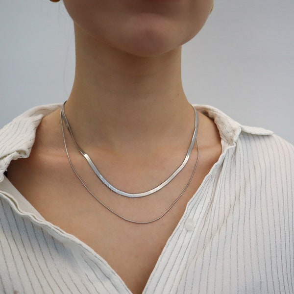 Silver Necklace Set, Stainless Steel Reptile Herringbone Snake Chain Necklace Set, Water and tarnish resistant necklace