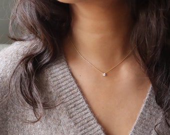 Dainty Gold CZ Necklace, Floating Solitaire Necklace, Minimalist Jewelry, Bridesmaid Necklace, Gift for Mom, gift for her