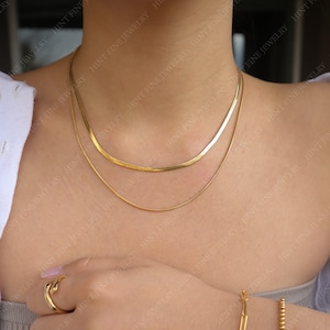 Gold plated stainless steel Necklace Set, 18K Gold Reptile Herringbone Snake Chain Necklace Set, Water and tarnish resistant necklace