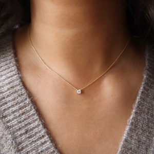Sterling silver Dainty Gold CZ Necklace, Floating Solitaire Necklace, Minimalist Jewelry, Bridesmaid Necklace, Gift for Mom, gift for her