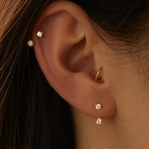 WaterProof-18k Gold/sterling silver Double Stud Front Back Earrings, Ear Jacket, flat back Studs, cartilage helix stud