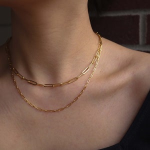 WaterProof-18K Gold PaperClip stainless steel Necklace Set, Water and Tarnish Resistant Chain, Gold Layered Necklace, Gift for her