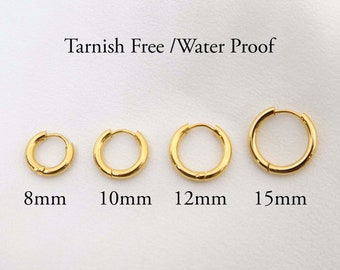 Gold Hoop Earrings, Waterproof anti-tarnish Gold Plated STAINLESS STEEL hoops, 10 mm, 12 mm, 15mm Tarnish Resistant, Unisex Hoop