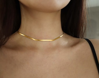 Herringbone Choker Necklace, Tarnish free water resistant chain, Simple Gold Necklace, Gold Choker, Snake Chain choker