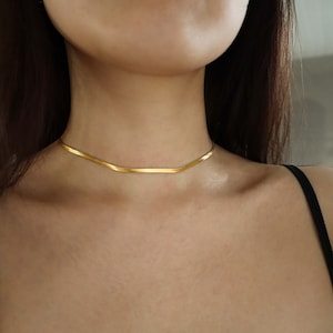 Herringbone Choker Necklace, stainless steel Tarnish free water resistant chain, Simple Gold Necklace, Gold Choker, Snake Chain choker