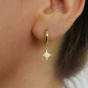 Gold Starbust Huggie Earrings, 18K gold sterling silver dangle celestial earrings, summer charm huggies, statement gift, Gift for her