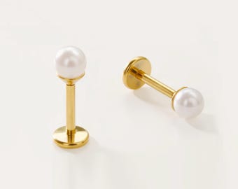 Gold 3mm Pearl Push Pin Flat Back Studs, Titanium pearl stud, cartilage stud, gift for her
