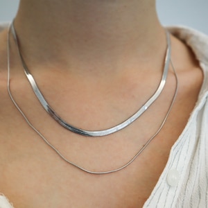 WaterProof-Silver Necklace Set, Stainless Steel Reptile Herringbone Snake Chain Necklace Set, Water and tarnish resistant necklace