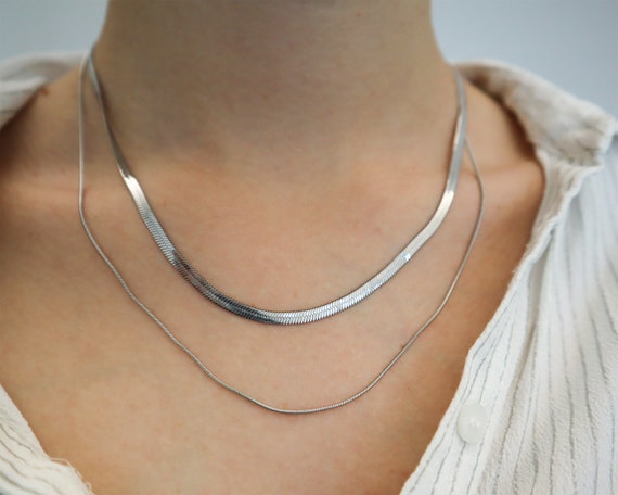 WaterProof-Silver Necklace Set, Stainless Steel Reptile Herringbone Snake Chain Necklace Set, Water and tarnish resistant necklace