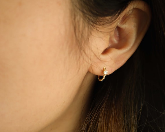 Gold Silver Beaded CZ Huggie Hoop 18K Gold 925 Silver Twisted - Etsy
