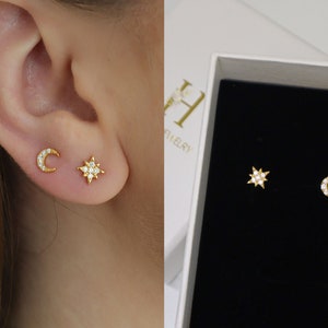 WaterProof-Mismatch Moon and Star Studs sterling silver Earrings Set, Mismatched Celestial Studs, cartilage stud, gift for her, gift ready