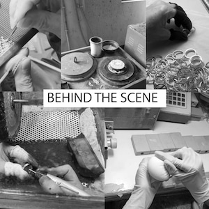 May include: A black and white photograph depicting the process of jewellery making. The image showcases various tools and materials used in the jewellery making process, including a grinding wheel, a polishing machine, and a selection of rings.