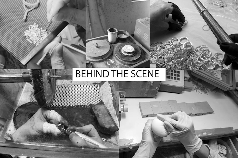 May include: A black and white photograph depicting the process of jewellery making. The image showcases various tools and materials used in the jewellery making process, including a grinding wheel, a polishing machine, and a selection of rings.