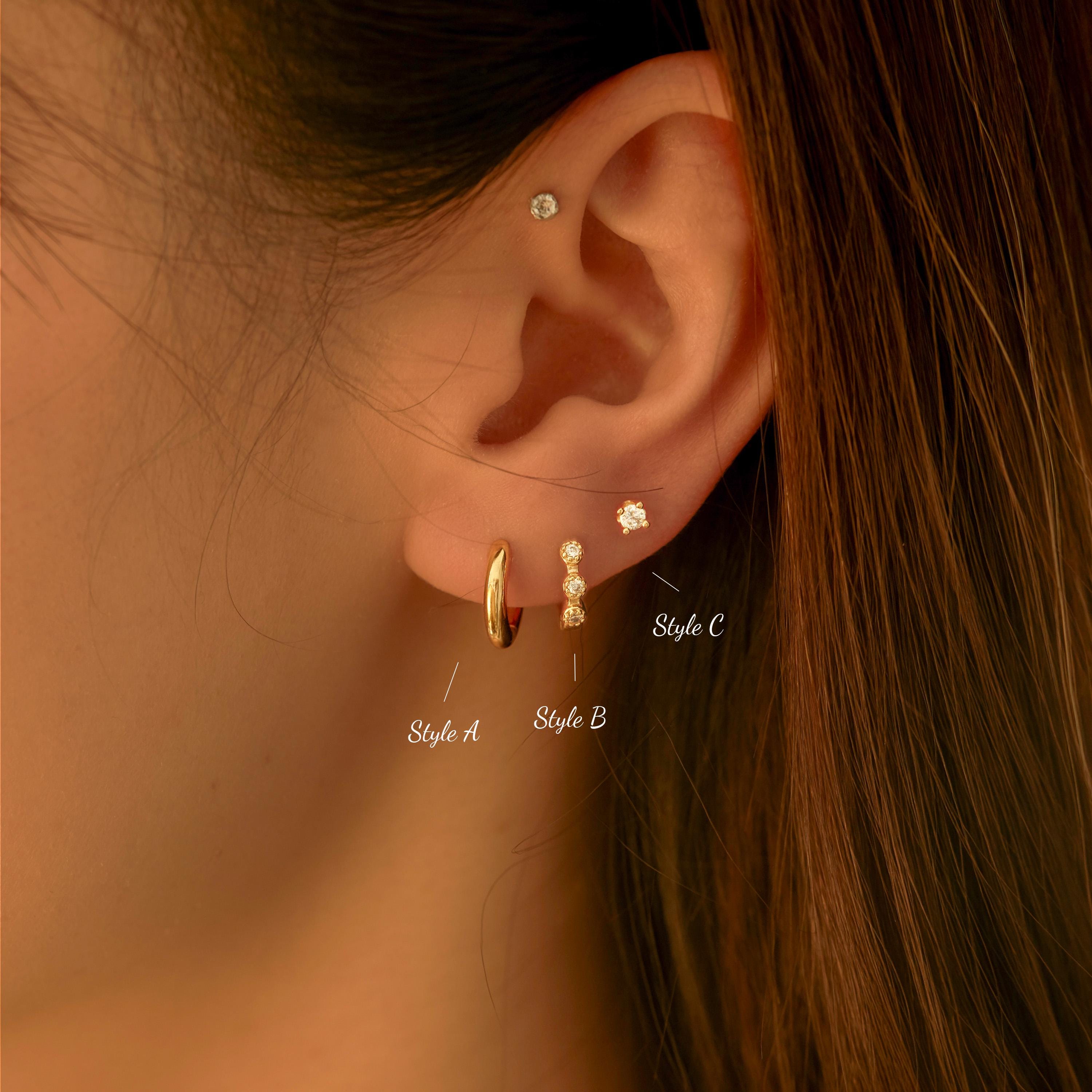 3-Pair Gold Stud Earrings Set For Women - Huggie Hoops, Jacket Studs, & Dainty Stack Earrings (Zircon) - View #5
