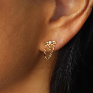 Boucles d'oreilles chaîne étanches, boucles d'oreilles pendantes en chaîne, boucles d'oreilles opale délicates, bijoux bohèmes, cadeau pour maman