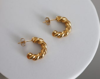 WaterProof-Chunky Gold Rope stainless steel Hoop Earrings, Gold Hoop stud earring, Waterproof anti-tarnish Gold Plated STAINLESS STEEL hoops
