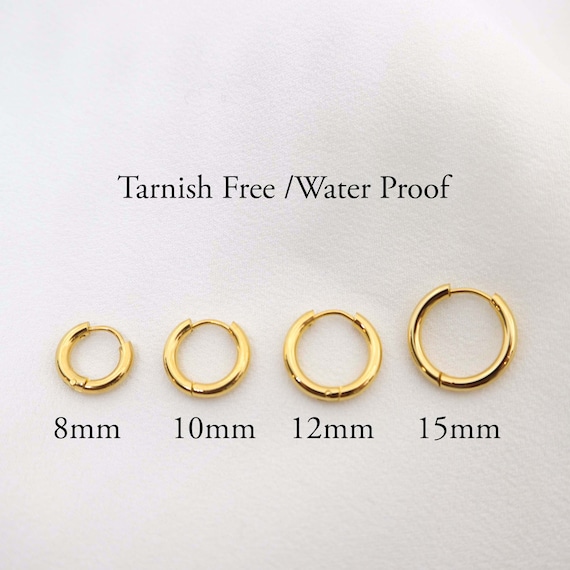 WaterProof-Gold Hoop Earrings, Waterproof anti-tarnish Gold Plated STAINLESS STEEL hoops, 10 mm, 12 mm, 15mm Tarnish Resistant, Unisex Hoop