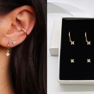 Ensemble de boucles d'oreilles en argent sterling avec trèfle à 4 feuilles en or 18 carats, fleurs, boucles d'oreilles, cadeau pour elle, cadeau de la Saint-Valentin
