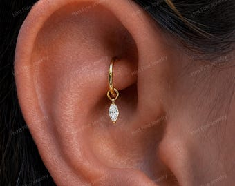 16G/18G Titanium Dangle Marquise Huggie Hoop, Cartilage/Conch/Helix Hoop Earring, Rook piercing, Thin Hoops Rings for Ear Piercings
