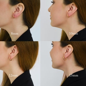 May include: Four images showing different sizes of gold hoop earrings on a model's ear. The earrings are 8mm, 10mm, 12mm, and 15mm in diameter.