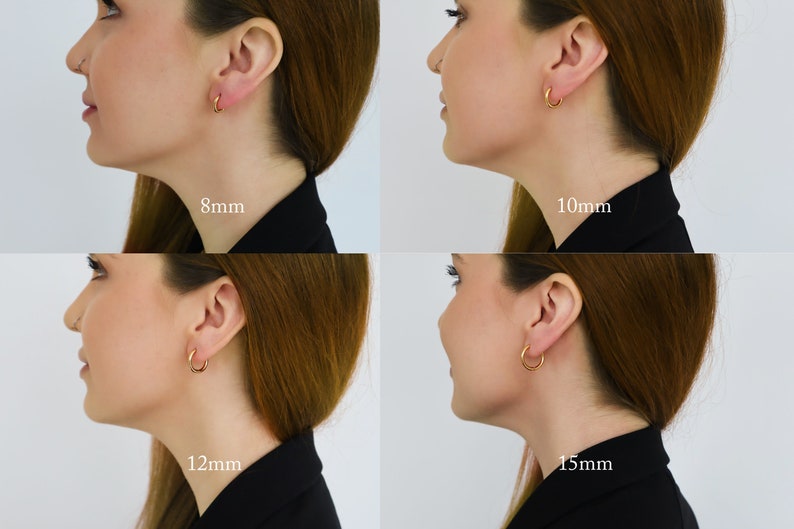 May include: Four images showing different sizes of gold hoop earrings on a model's ear. The earrings are 8mm, 10mm, 12mm, and 15mm in diameter.