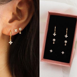 Ensemble de boucles d'oreilles en argent sterling plaqué or 18 carats, trèfle à 4 feuilles, boucles d'oreilles, cadeau pour elle, cadeau de la Saint-Valentin