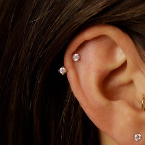 WaterProof-18k Gold/sterling silver Double Stud Front Back Earrings, Ear Jacket, flat back Studs, cartilage helix stud