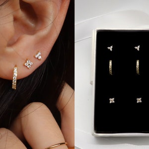 Ensemble de boucles d'oreilles fleurs trèfle en argent sterling plaqué or 18 carats, boucles d'oreilles fleurs, ensemble de boucles d'oreilles, cadeau pour elle, cadeau de la Saint-Valentin pour elle
