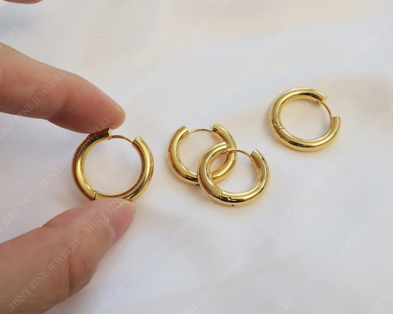 Thick Chuncky Gold Hoop Earrings, Waterproof anti-tarnish Gold Plated STAINLESS STEEL hoops, Tarnish Resistant image 6