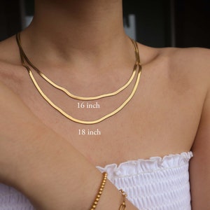 May include: Two gold chain necklaces, one 16 inches long and the other 18 inches long, are layered on a person's neck. The necklaces are made of a thin, delicate chain.