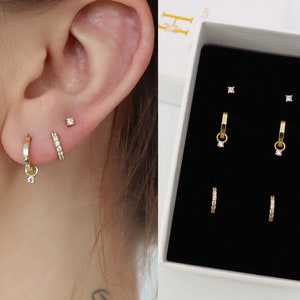 Ensemble de boucles d'oreilles en argent sterling résistant à l'eau et délicat pour tous les jours, pile de boucles d'oreilles, ensemble de boucles d'oreilles en argent sterling, prêt à offrir