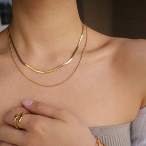 Gold Necklace Set, Gold Plated Stainless Steel Reptile Herringbone Snake Chain Necklace Set, Water and tarnish resistant necklace