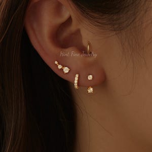 May include: An assortment of gold earrings, including a small hoop, a bar with three clear stones, a small hoop with clear stones, and two stud earrings with clear stones. The earrings are displayed on an ear.