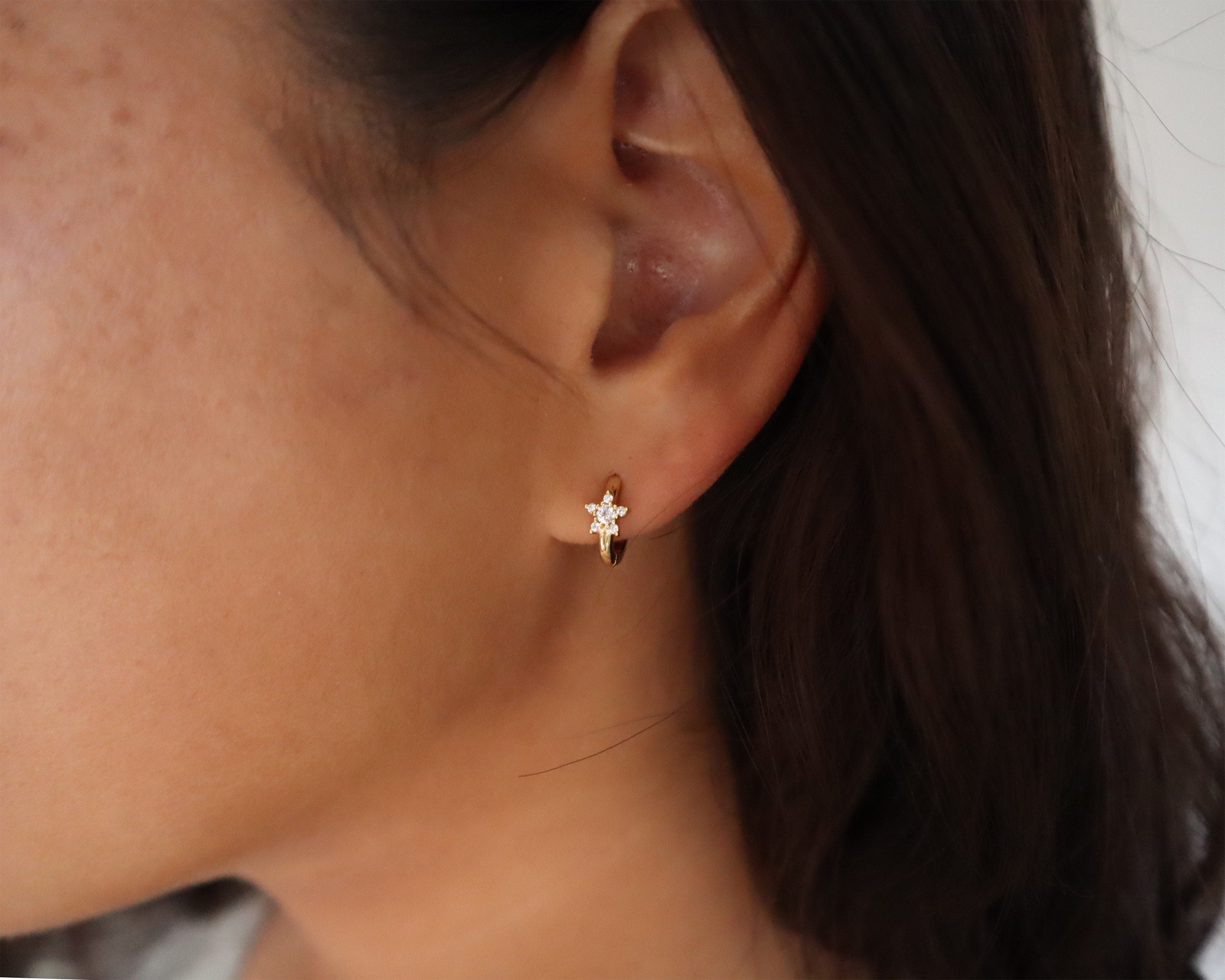 WaterProof-Gold Star sterling silver Huggie Earrings, Flower hoops, celestial earrings, summer charm huggies, statement gift, Gift for her