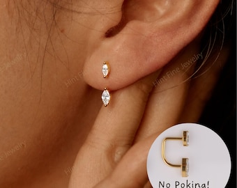 WaterProof 18 G Marquise sterling silver/Titanium Front Back Earrings, Ear Jacket, Push pin flat back ear jacket