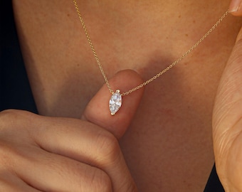 WaterProof- Dainty Marquise CZ sterling silver Necklace, Floating Marquise Necklace, Minimalist Jewelry, Bridesmaid Necklace, gift for her